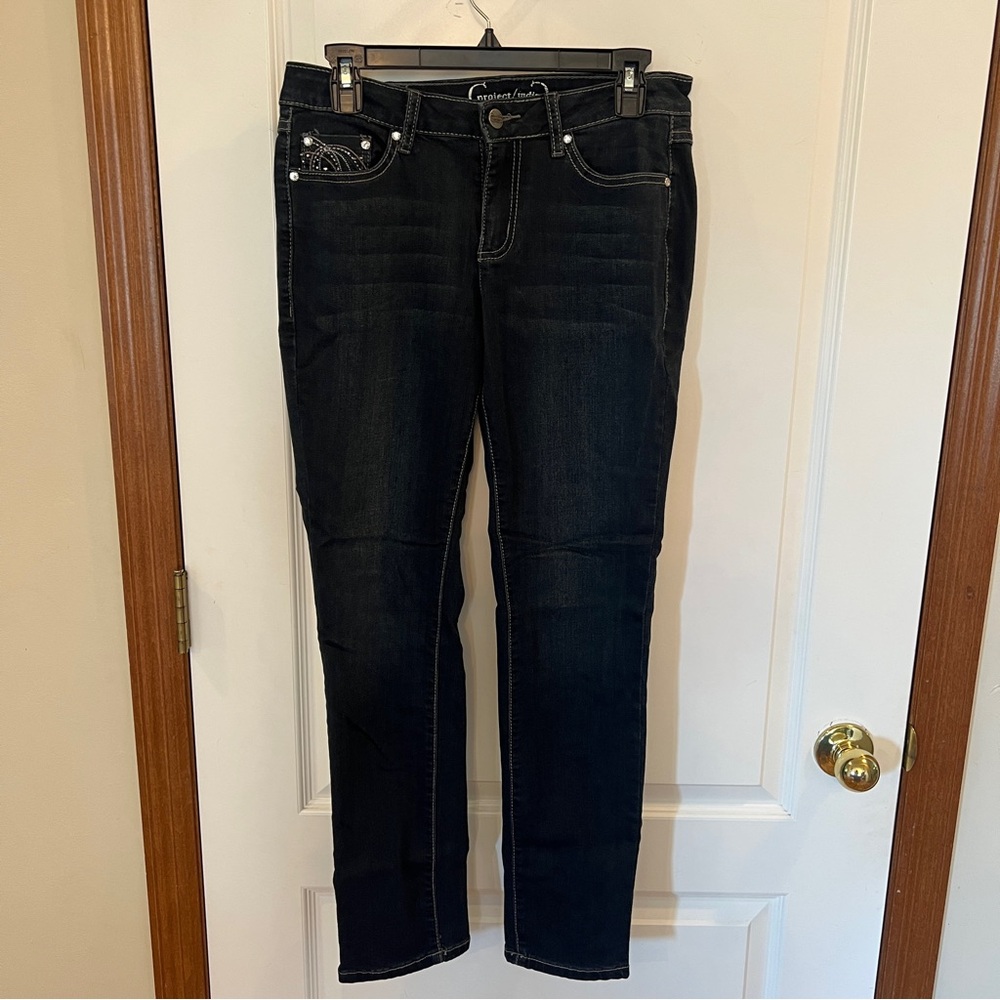 Project Indigo Size 8 Dark Denim Skinny Jeans Pocket Bling